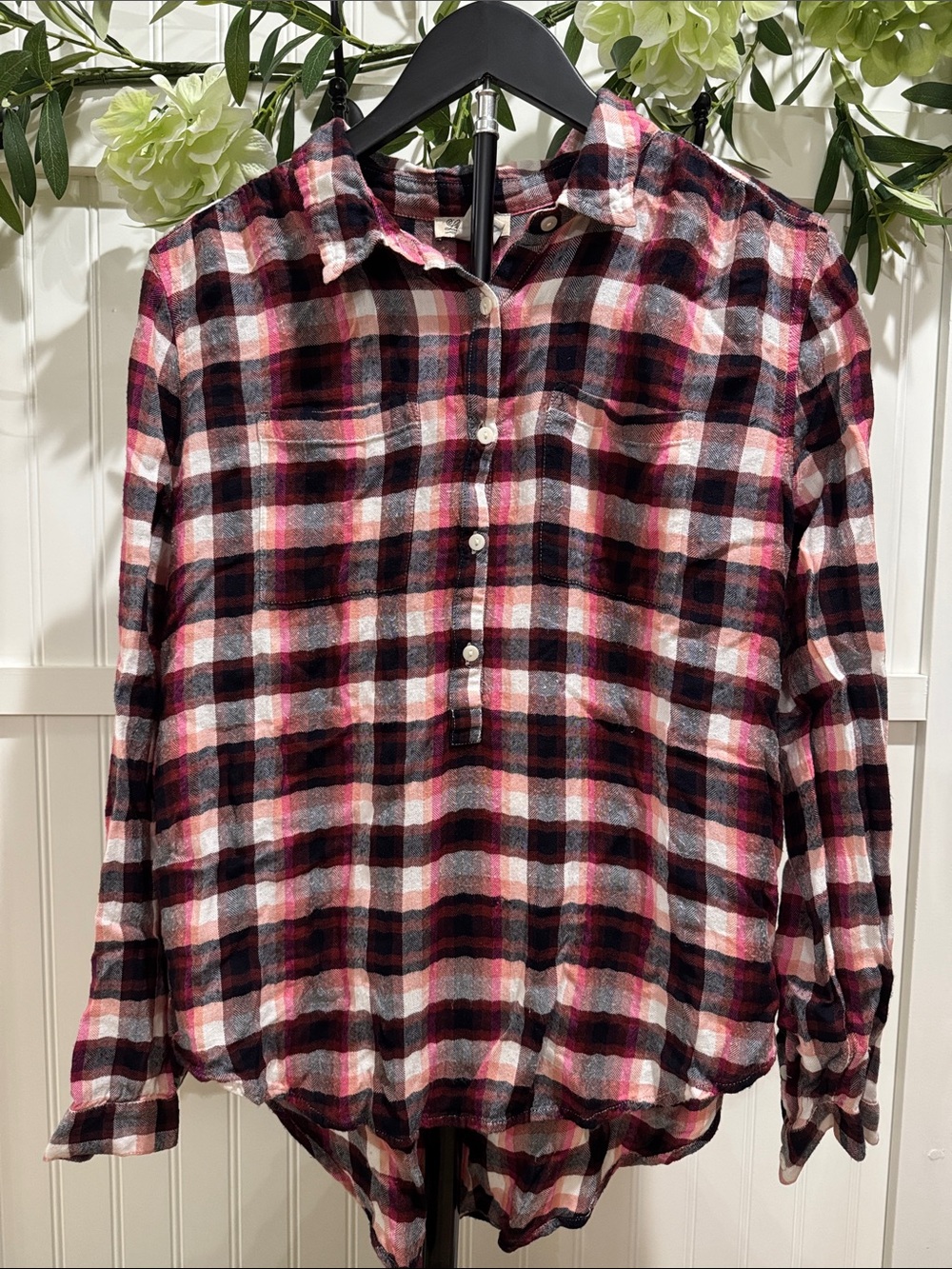 #722 LUCKY BRAND Pink & Burgundy Plaid Half Button-Down Shirt